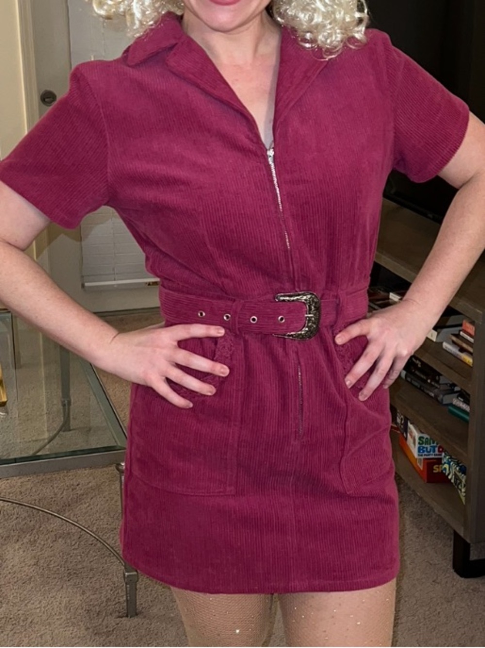 Women’s Entro pink corduroy short sleeve mini dress with belt